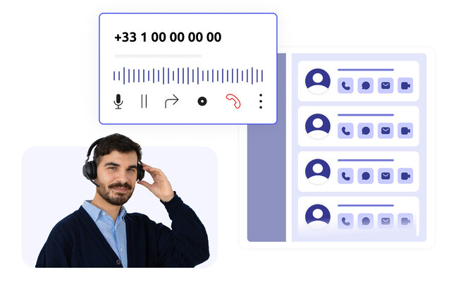Image d'un agent de centre d'appels avec un casque, debout devant une interface visuelle présentant les fonctionnalités de la campagne de prospection