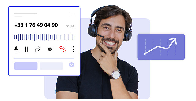 Photo d'un agent de centre de contact, ainsi qu'une interface d'appel en cours et une courbe en hausse