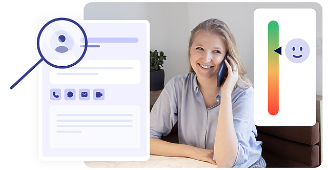 Photo d'un agent de centre d'appel, ainsi qu'une interface de fiche client et un niveau de satisfaction client élevé grâce à la charte d'accueil téléphonique