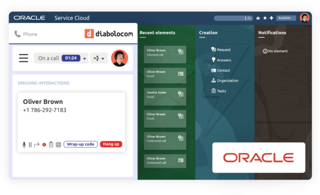 Le bandeau agent Diabolocom est disponible dans votre interface grâce à l'intégration CTI Oracle Service Cloud