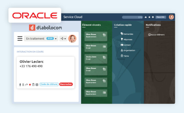 Le bandeau agent Diabolocom est disponible dans votre interface grâce à l'intégration CTI Oracle Service Cloud