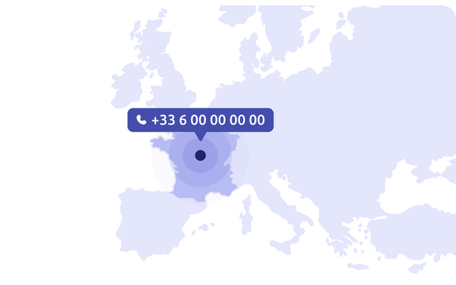 une carte visuelle montrant l'Europe de l'Ouest avec la France mise en évidence, affichant un exemple de numéro de téléphone pour illustrer l'indicatif international français, qui est +33
