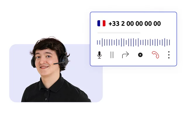 Une illustration visuelle représentant à gauche un agent de centre d'appels souriant, portant un casque audio, et à droite un numéro avec un indicatif international français, illustrant la fonctionnalité de cet indicatif dans les centres d'appels.