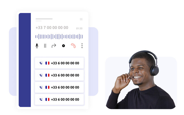 Une illustration montrant un agent de centre d'appels souriant, avec à sa gauche des numéros de téléphone français, illustrant la fonctionnalité des numéros avec l'indicatif international français.