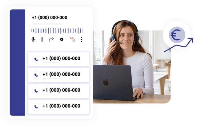 Interface de numéros professionnels et photo d'un agent de centre de contact