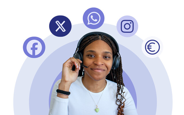 Photo d'une agent de centre de contact, ainsi que les icônes des différents réseaux pour le social selling