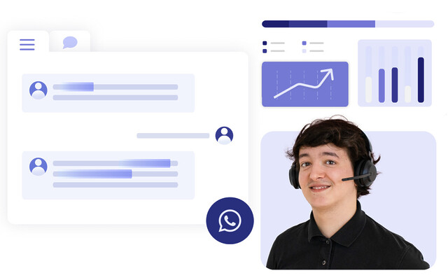 Interface de chat, ainsi qu'une interface de statistiques, et la photo d'un agent de centre de contact