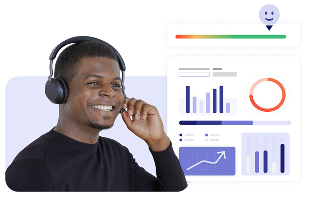 Photo d'un agent de centre de contact, ainsi qu'une interface conceptuelle de satisfaction client, et une interface de statistiques