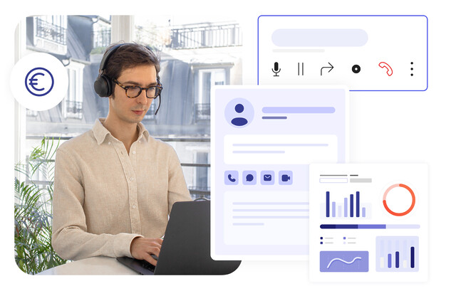 Agent de centre de contact, une interface d'appel en cours, fiche client et statistiques pour son plan de vente