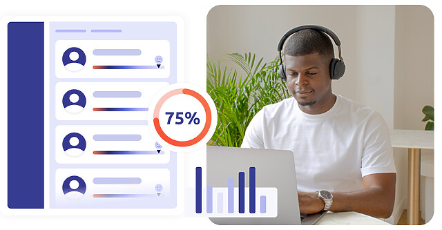 Photo d'un agent de centre de contact ainsi qu'un graphique de statistiques, et une liste de clients, pour représenter la centralisation des données proposée par un CCaaS pour le tableau de prospection