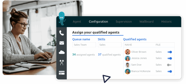 Un navigateur Web suffit à vos équipes commerciales et service client pour traiter leurs appels et emails, au bureau ou en remote avec le centre d'appel virtuel Diabolocom